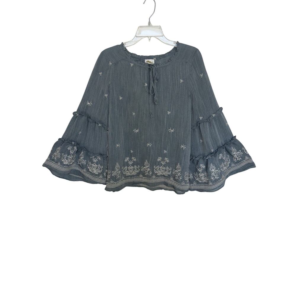 Anthropologie Fig & Flower Blue Embroidered Peasant Top Tiered Bell Sleeve L